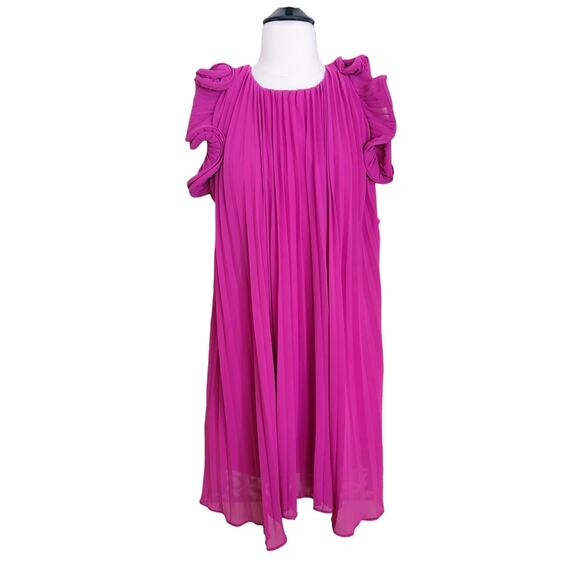 Amur Mimi Mini Dress Pleated Pink Magenta Peacock Chiffon Halter Ruffles 12 - Picture 5 of 15